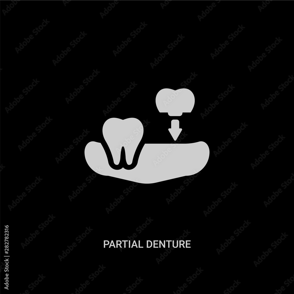 white partial denture vector icon on black background. modern flat partial denture from dentist concept vector sign symbol can be use for web, mobile and logo. white partial denture vector icon on black background. modern flat partial denture from dentist concept vector sign symbol can be use for web, mobile and logo.