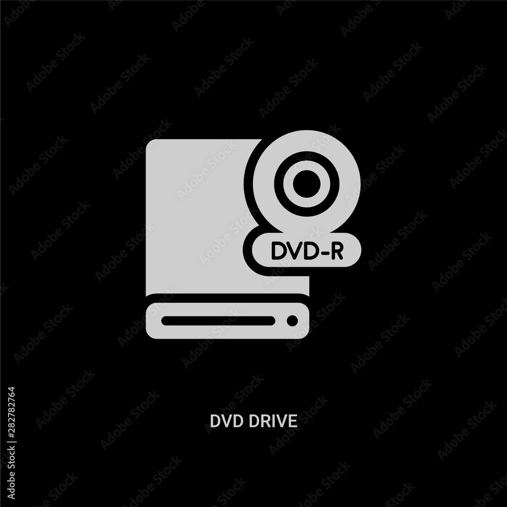 white dvd drive vector icon on black background. modern flat dvd drive from computer concept vector sign symbol can be use for web, mobile and logo. white dvd drive vector icon on black background. modern flat dvd drive from computer concept vector sign symbol can be use for web, mobile and logo.