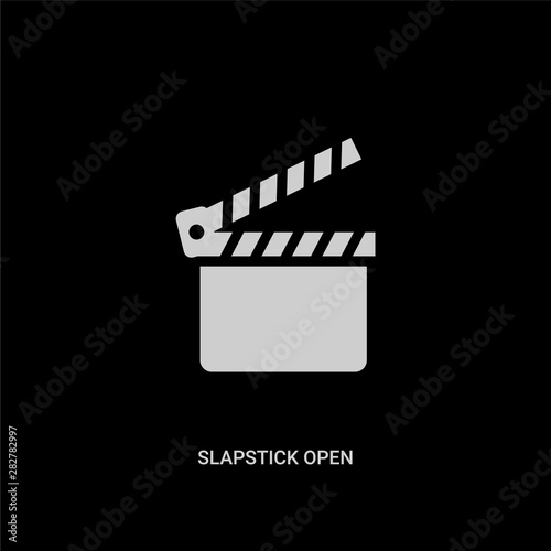white slapstick open vector icon on black background. modern flat slapstick open from cinema concept vector sign symbol can be use for web, mobile and logo.