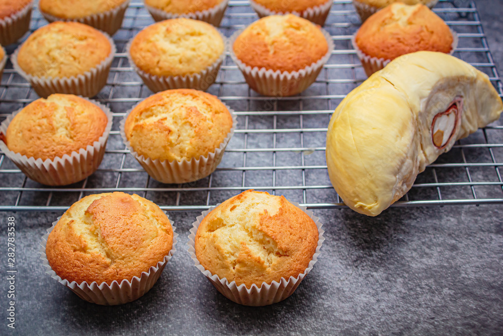 Homemade durian cupcakes on rock table. Homemade durian cupcakes on rock table.