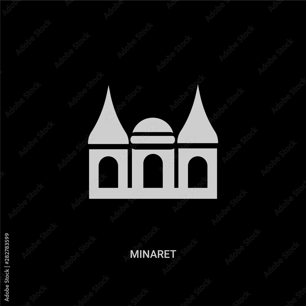 white minaret vector icon on black background. modern flat minaret from buildings concept vector sign symbol can be use for web, mobile and logo. white minaret vector icon on black background. modern flat minaret from buildings concept vector sign symbol can be use for web, mobile and logo.