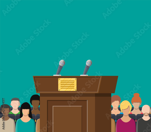 Brown wooden rostrum with microphones for presentation. Stand, podium for conferences, lectures or debates. Crowd, demonstrators, protest. Vector illustration in flat style