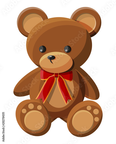 Teddy bear with bow. Bear plush toy. Teddybear icon. Vector illustration in flat style