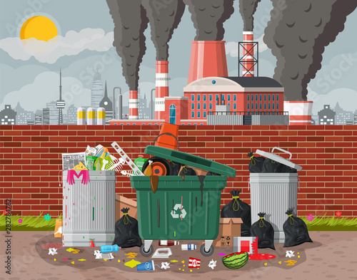 Plant smoking pipes. Smog in city. Trash emission from factory. Grey sky polluted trees grass. Garbage bin full of trash. Environmental pollution ecology nature. Vector illustration flat style