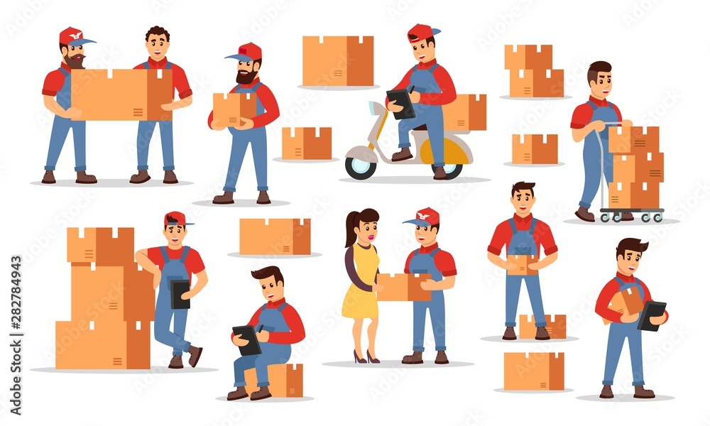 Vector set illustrating highlights of delivery services: counting price, checking order, transportation parcels with movers, loaders, motor scooter, cart, courier to client. Cartoon isolated on white. Vector set illustrating highlights of delivery services: counting price, checking order, transportation parcels with movers, loaders, motor scooter, cart, courier to client. Cartoon isolated on white.
