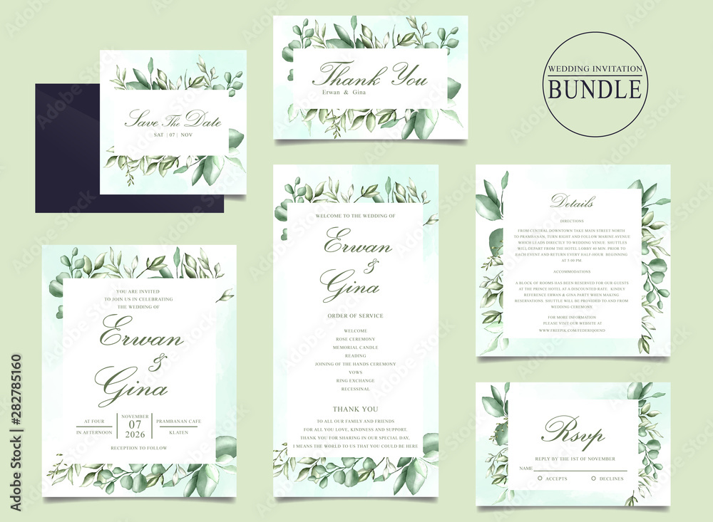 Obraz Pakiet kart zaproszenie na ślub z szablonem zielonych liści