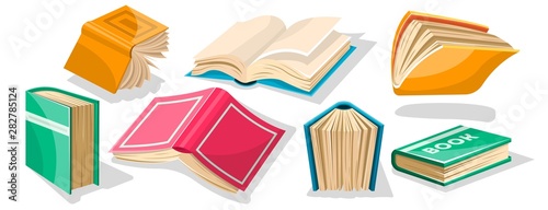 Big set with red, yellow, green, blue opened and closed textbooks, business diaries, workbooks in different positions. World book and copyright day concept. Vector cartoon icons on white. photo