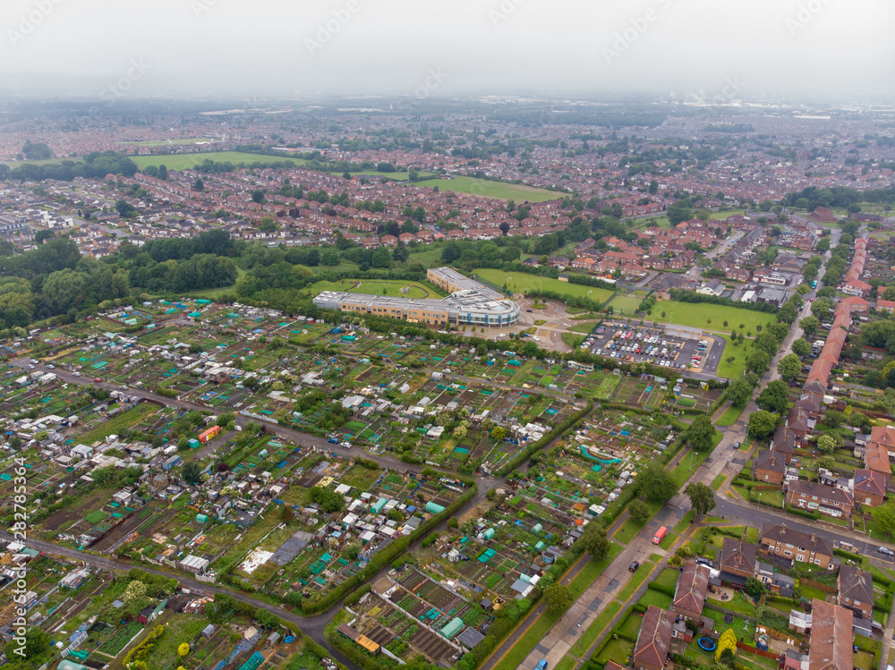 Aerial photo of the UK town of Middlesbrough a large post-industrial town on the south bank of the River Tees in the county of North Yorkshire, England