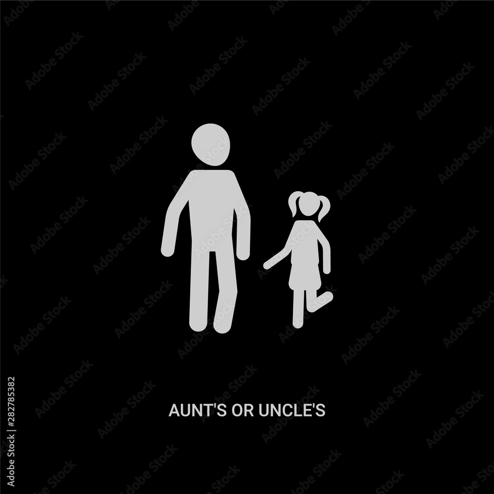 white aunt's or uncle's child vector icon on black background. modern flat aunt's or uncle's child from family relations concept vector sign symbol can be use for web, mobile and logo. white aunt's or uncle's child vector icon on black background. modern flat aunt's or uncle's child from family relations concept vector sign symbol can be use for web, mobile and logo.
