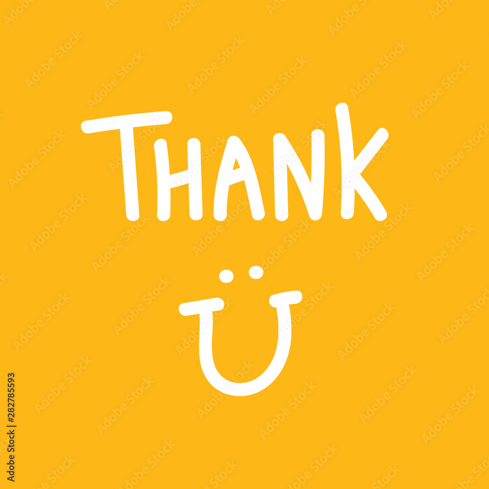 Vector hand drawn cartoon style phrase thank you with smiling face on yellow background. Vector hand drawn cartoon style phrase thank you with smiling face on yellow background.
