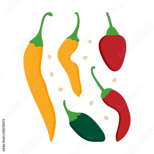 Set, collection of vector cartoon style red, yellow and green chili peppers and seeds.
