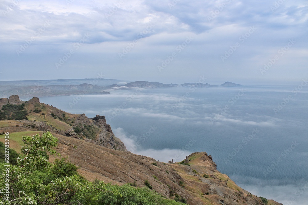 rocks, sea, mountains, sky, clouds