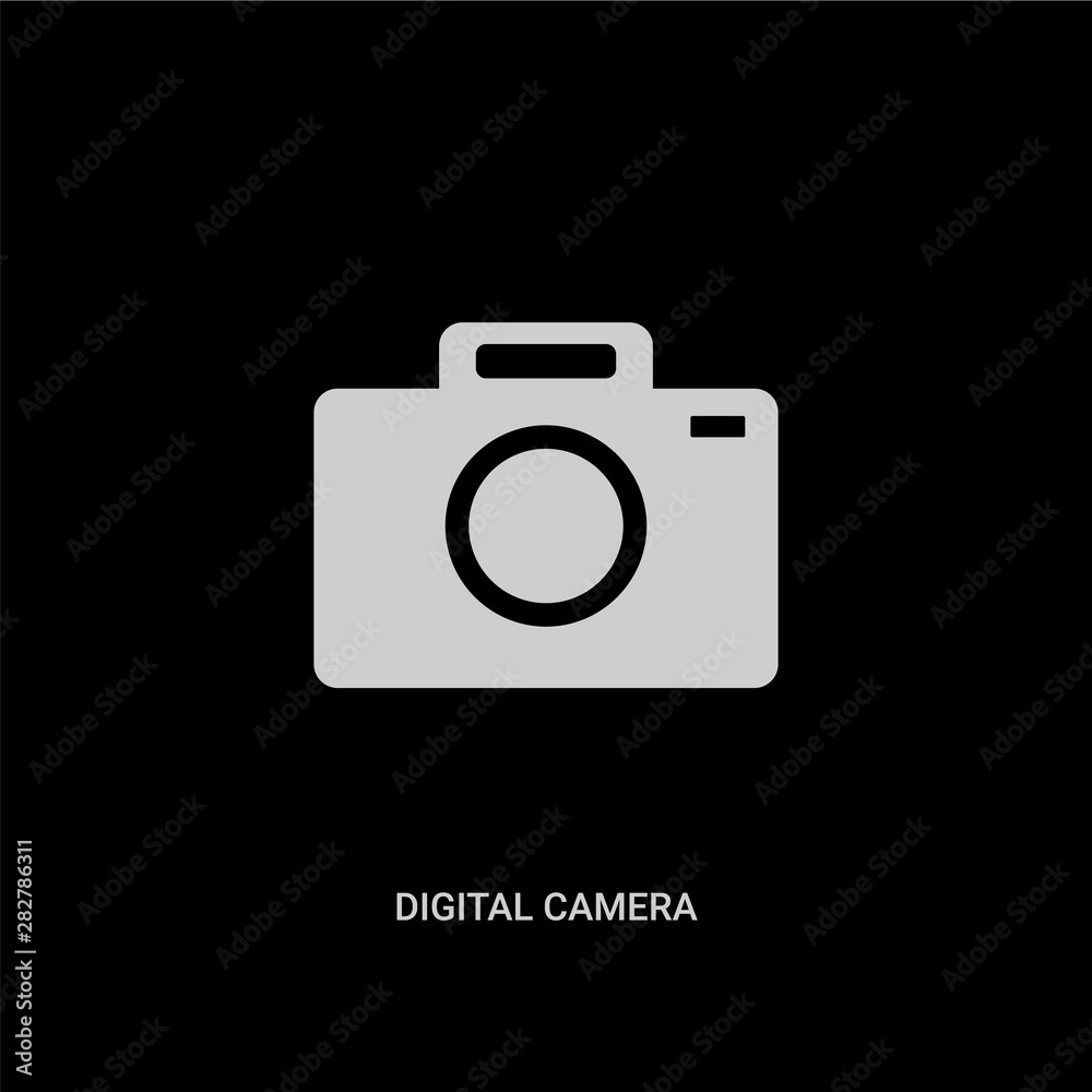 white digital camera vector icon on black background. modern flat digital camera from electronic stuff fill concept vector sign symbol can be use for web, mobile and logo.