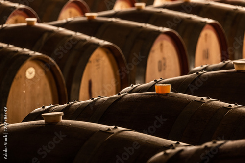 Fotografia, Obraz old barrels of wine in a cellar