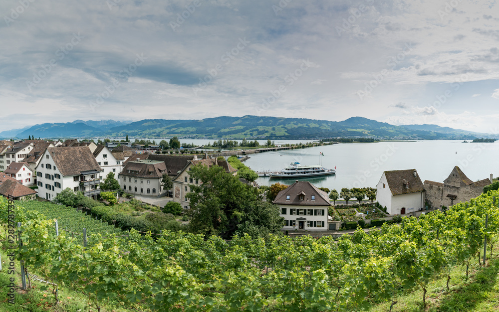 high angle view of the historic old town and vineyards of Rapperswil with Lake Zurich behind