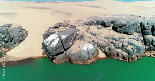 4K Drone. Aerial birds eye view of the majestic and peaceful Kunene River on the border of Namibia and Angola in Africa. Blue water and white sand edges the magnificent Namib Desert Dunes. photo