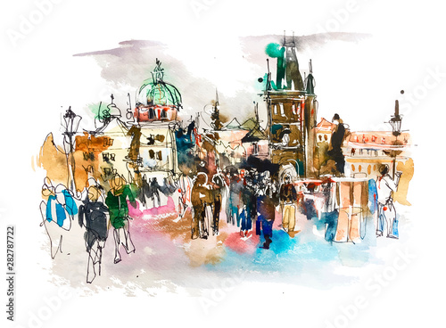 original watercolor european landscape painting Prague Czech Republic top landscape to travel book or poster