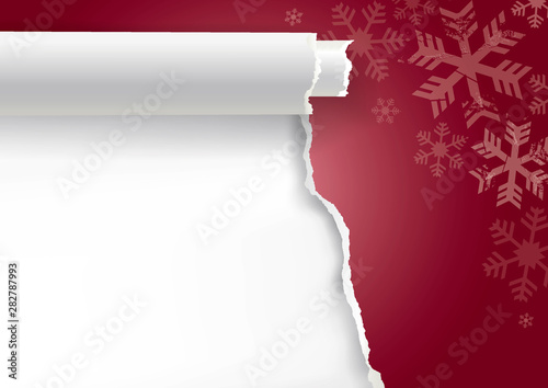   Christmas ripped paper background with snowflakes. Illustration of red torn paper background with place for your text or image. Vector available.