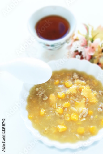 Chinese food, homemade ground pork meat and corn soup