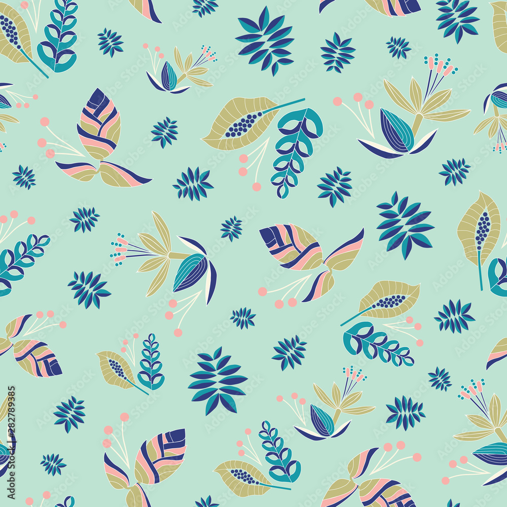 Embroidery inspired seamless vector pattern with beautiful tropical flowers. Bright vector folk floral ornament on green background for fashion textile and fabric.