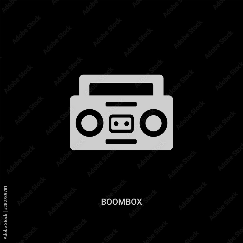 white boombox vector icon on black background. modern flat boombox from creative process concept vector sign symbol can be use for web, mobile and logo. white boombox vector icon on black background. modern flat boombox from creative process concept vector sign symbol can be use for web, mobile and logo.