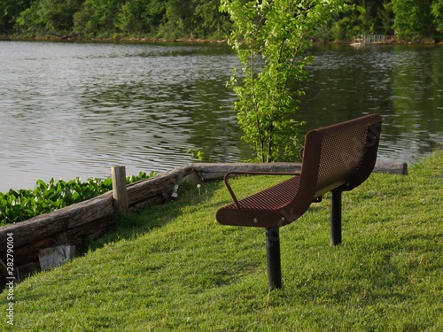 Steel bench facing the lake with lush green sorroundings photo