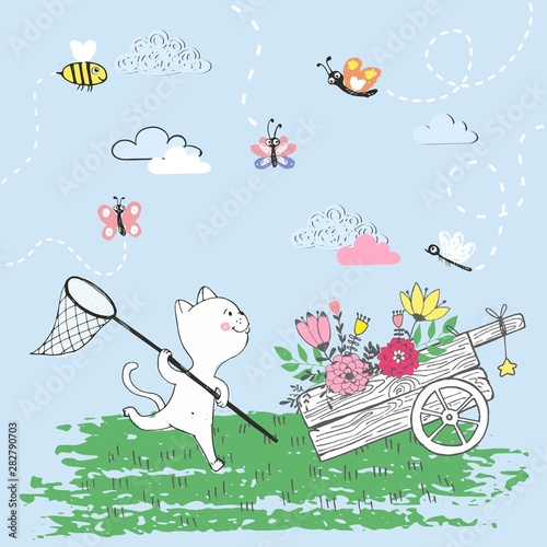 Vector hand drawn illustration of cute white cat catches flying insects with butterfly net, summer day, lovely card drawn with colored crayons, wood cart with flowers