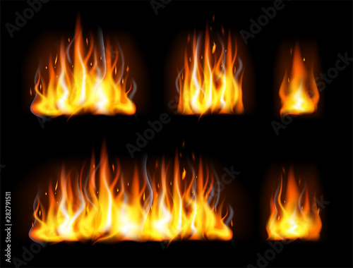 Realistic fire flames set on black