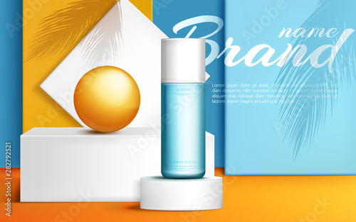 Cosmetic bottle on podium stage mock up banner, beauty skin care cosmetics tube product presentation with orange ball and palm leaves shadows on showroom platform. Realistic 3d vector illustration