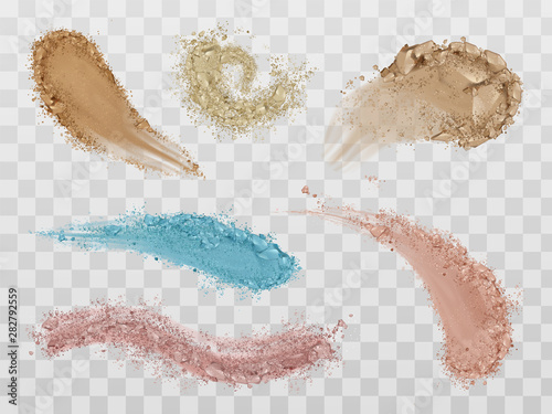 Skin foundation smears, dry powder, eye shadows brush strokes set. Beauty make up cosmetics texture swatch, smudge trace samples isolated on transparent background. Realistic 3d vector illustration