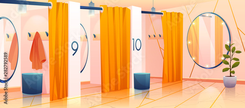 Fitting rooms in store, row of vacant individual dressing cabins with curtains, mirrors and hangers in apparel shopping mall, changeroom interior in fashion department. Cartoon vector illustration