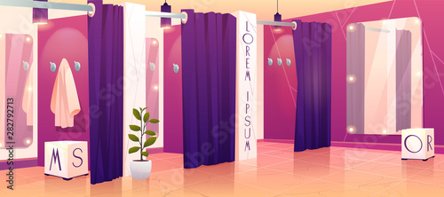 Modern clothing retail store comfortable dressing or fitting rooms row with heavy violet curtains, hanging from above lamps, full-length mirrors inside and wall hangers cartoon vector illustration