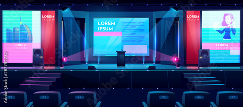 Hall for business conferences, investment projects presentations, shareholders event or meeting with slides on projection screens, sittings rows and tribune on stage cartoon vector illustration