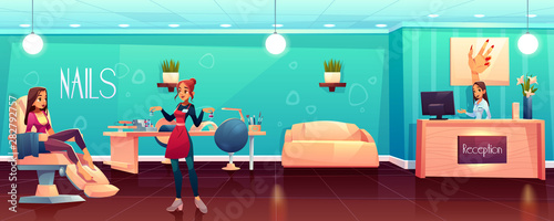 Woman visiting beauty salon, female client siting in comfortable chair, waiting for pedicure, manicure procedure, nail technician offering to chose fingernail polish color cartoon vector illustration