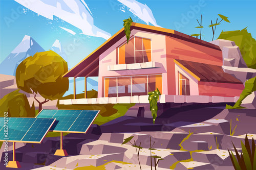 Ecological lifestyle, sustainable and autonomous living, clean environment cartoon vector concept. Two-storey cottage house on mountain hill, wild nature around and solar panels on yard illustration