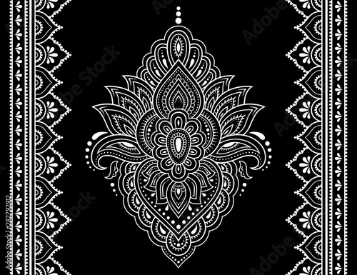 Seamless pattern of mehndi lotus flower and border for Henna drawing and tattoo. Decorative doodle ornament in ethnic oriental, Indian style. Outline hand draw vector illustration.