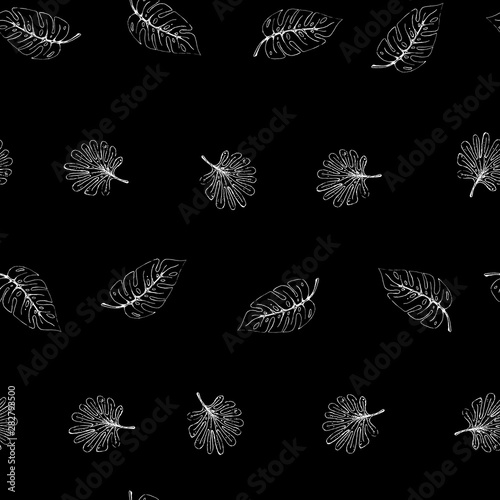 Freehand drawing tropical leaf pattern. Pencil sketch of leaves white on black.EPS8 vector illustration