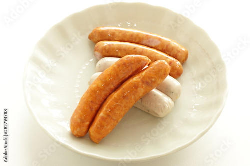 assorted sausage on dish with copy space