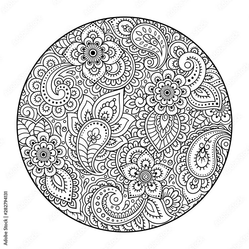 Outline round flower pattern in mehndi style for coloring book page. Antistress for adults and children. Doodle ornament in black and white. Hand draw vector illustration.