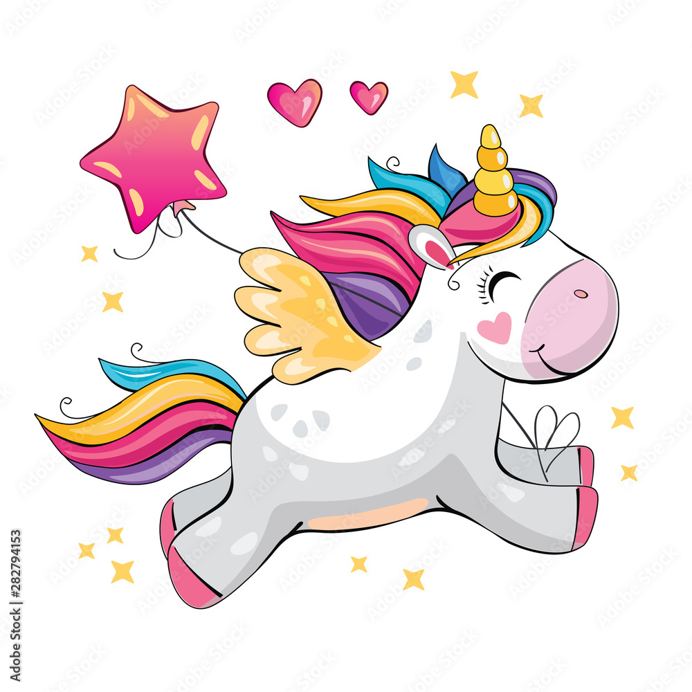 Cartoon funny unicorn on a white background. Cute little pony with stars  and heart. Wonderland. Fabulous animal. Isolated children's illustration  for sticker, print. Poster for friends, family. Vector Stock Vector | Adobe