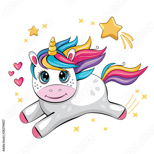 Obraz na płótnie A cute funny unicorn is flying across the sky