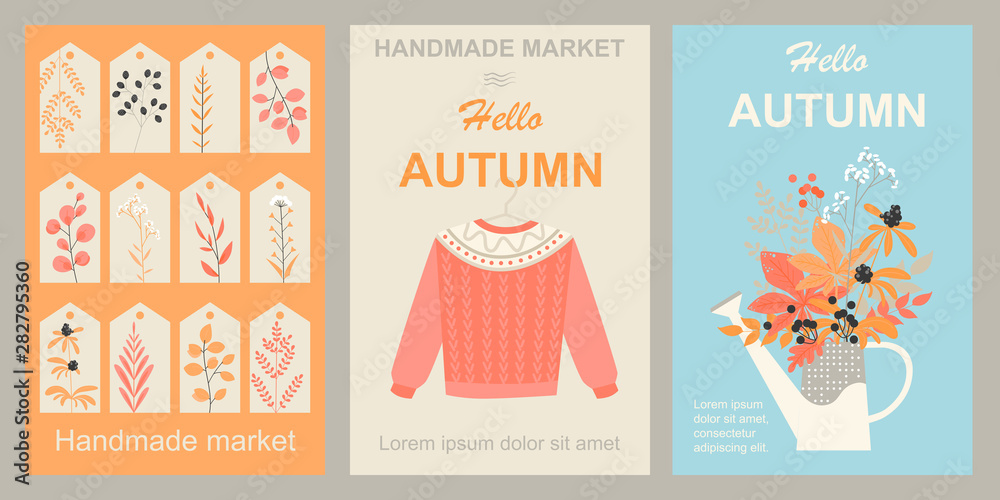 Autumn market of handmade products. Set of images for the design of banners, flyers and tags with knitted sweater, autumn leaves and flowers.
