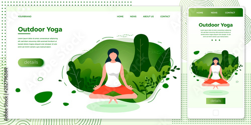 Vector cross platform illustration set, browser and mobile phone - girl in yoga lotus pose. Park, forest, trees and hills on background. Banner, site, poster template with place for your text.