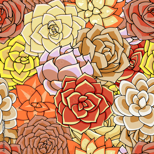 Succulents seamless pattern. Succulent ornament. Natural composition. Colored succulents and cactus floral print. Hand drawn art work.