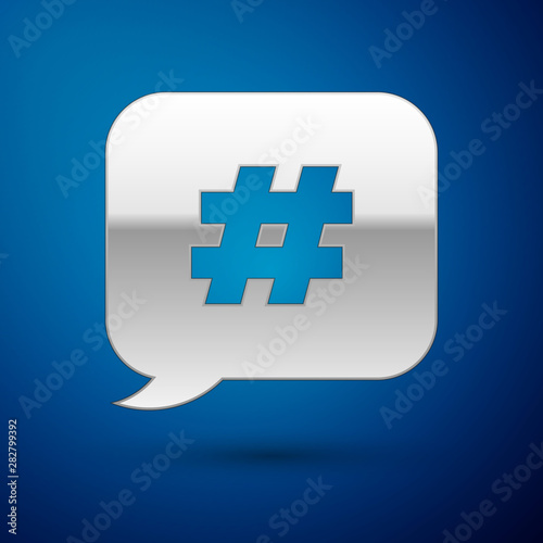Silver Hashtag speech bubble icon isolated on blue background. Concept of number sign, social media marketing, micro blogging. Vector Illustration