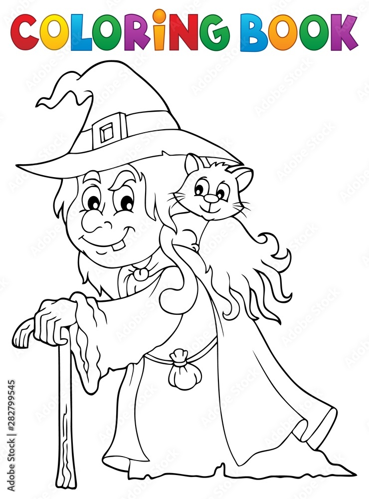 Coloring book witch with cat topic 1 Stock Vector | Adobe Stock