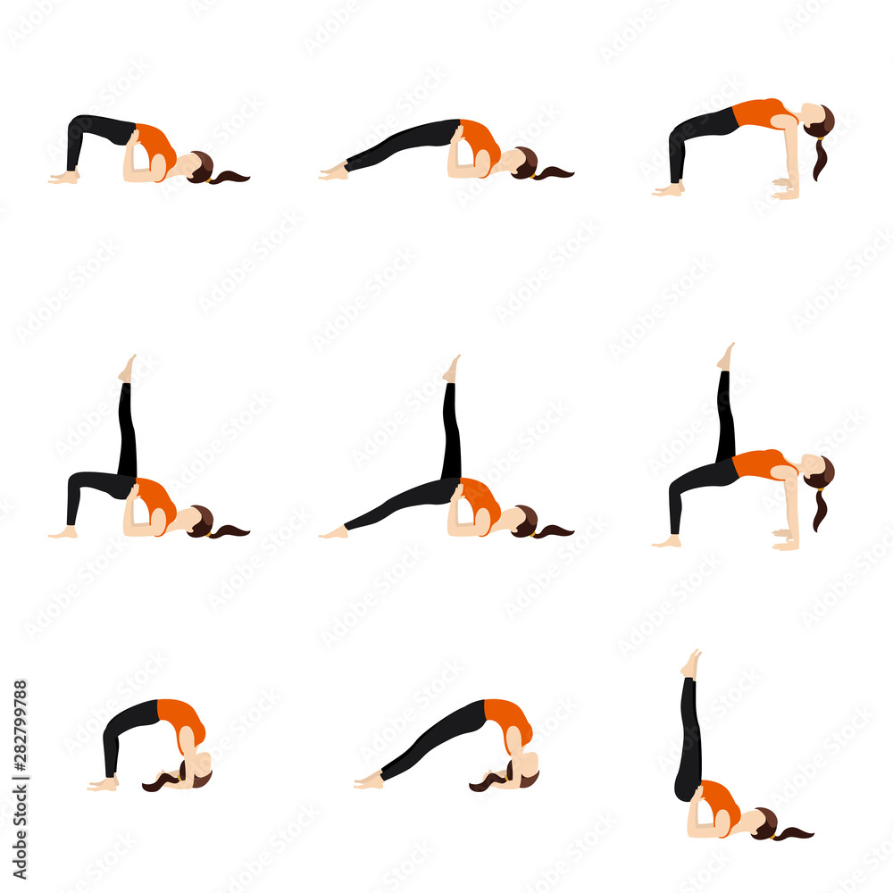 Spine extension yoga poses set/ Illustration stylized woman practicing yoga postures with spine bends