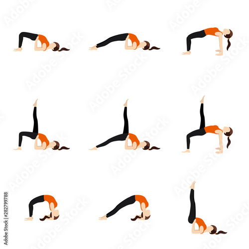 Spine extension yoga poses set/ Illustration stylized woman practicing yoga postures with spine bends photo