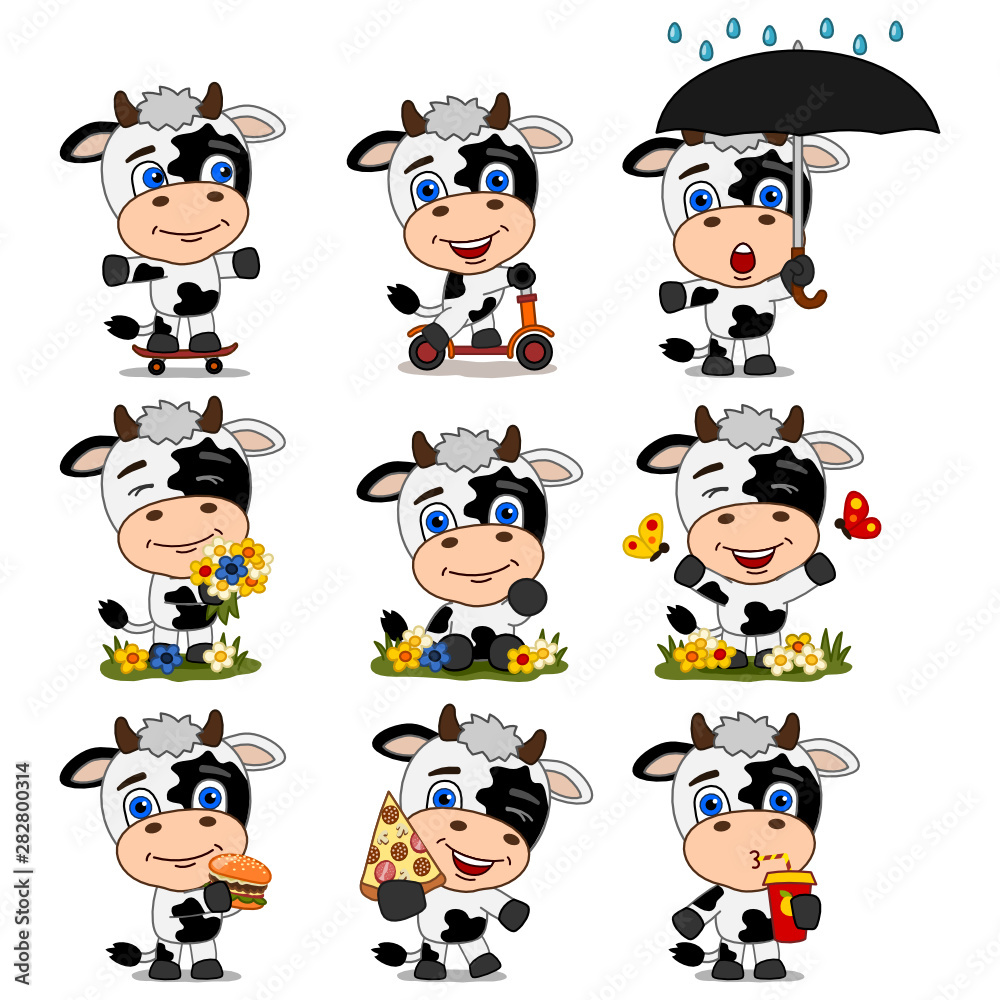 Collection of funny cow in different poses and with food on white background Collection of funny cow in different poses and with food on white background