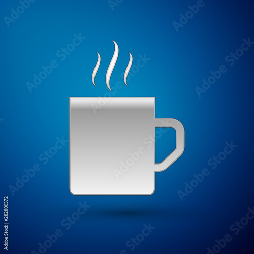 Silver Coffee cup flat icon isolated on blue background. Tea cup. Hot drink coffee. Vector Illustration